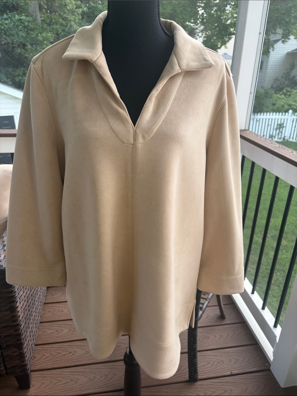 Joan Vass Cream Collared V-Neck Pullover Faux Suede Tunic